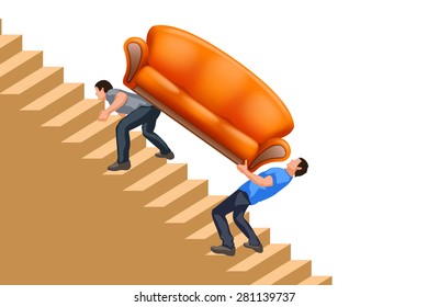 Men Carrying New Couch Up The Stairs On White Background