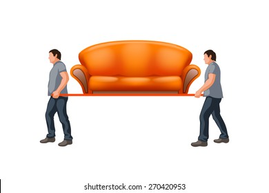 men carrying new orange couch on white background