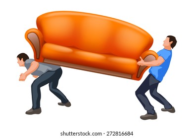 men are carrying orange couch on white background