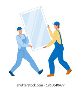 Men Carrying Pvc Window For Installing Vector. Construction Workmen Carefully Carry Pvc Window For Install Or Replacement. Characters Professional Occupation Flat Cartoon Illustration