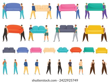 Men carrying sofa icons set cartoon vector. Worker moving. House furniture