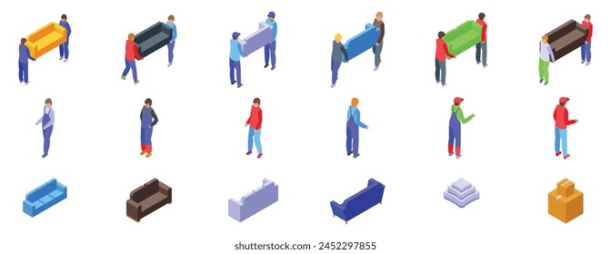 Men carrying sofa icons set isometric vector. Worker moving. Furniture apartment