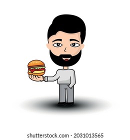 Men cartoon character with burger. suitable for illustration burger promotion, Shop, children's book, etc. Design template vector