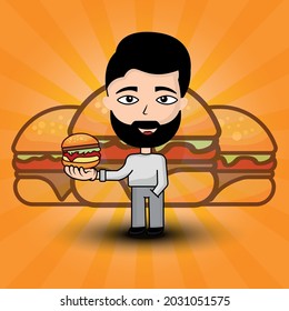 Men cartoon character with burger. suitable for illustration burger promotion, Shop, children's book, etc. Design template vector