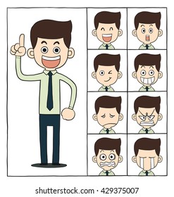 Men cartoon character with emotions faces set.