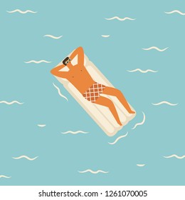 Men cartoon character swimming on the mattress in the pool summer illustration in vector. Travel summertime poster to card.