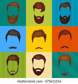 Men cartoon hairstyles with beards and mustache background. Vector illustration  isolated hipsters  icons .