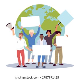 men cartoons holding banners boards in front of world design, Manifestation protest and demonstration theme Vector illustration