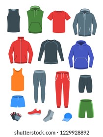 Men casual clothes for fitness training. Basic garments for gym workout. Vector flat illustration. Outfit for active modern man. Sport style male shirts, pants, jackets, tops, bottoms, shorts, socks