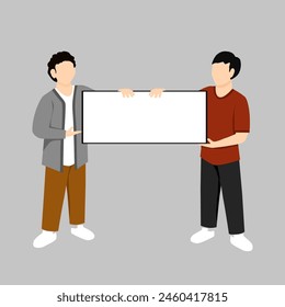 men with casual clothes holding blank board, placard