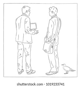 Men in casual dress, back view. Stand, explain, show - with leather case and tray. There's a seagull in front of it. Hand-drawn illustration, doodle, for presentation.