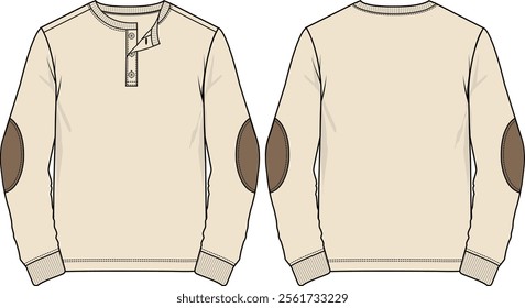 Men casual knit henley top, crew neck, placket with buttons, long sleeves with elbow patches, rib cuff and regular body hem, front and back sketch, vectors, coloration beige and dark brown