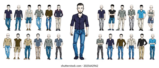 Men in casual wear vector illustrations big set isolated on white background, attractive and handsome males in full body length standing and posing, gorgeous people drawings collection. 