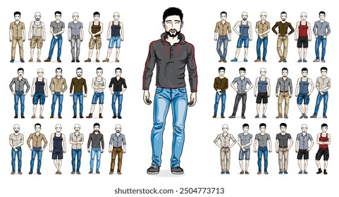 Men in casual wear vector illustrations big set isolated on white background, attractive and handsome males in full body length standing and posing, gorgeous people drawings collection. 