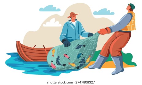 Men catch fish with net. Outdoor activity scene