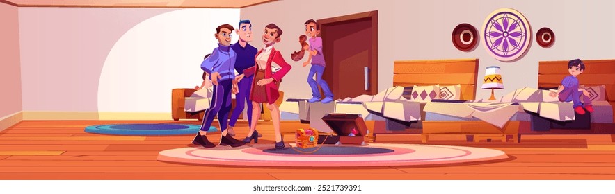 Hombres atrapan ladrón enmascarado en el dormitorio de los niños. Ilustración de dibujos animados de Vector del criminal masculino con ropa femenina revelada mientras trata de robar el cofre del tesoro antiguo en la habitación con camas, robo y prevención del delito