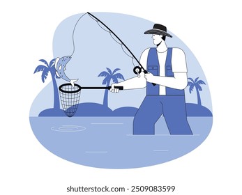 Homens capturando peixe no pântano com rede de pesca, azul, estilo semilumina, ilustração vetorial.