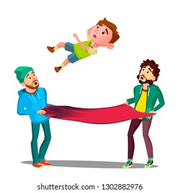 Men Catching Kid Boy Falling Out Of Window On Fire Awning Vector. Isolated Illustration