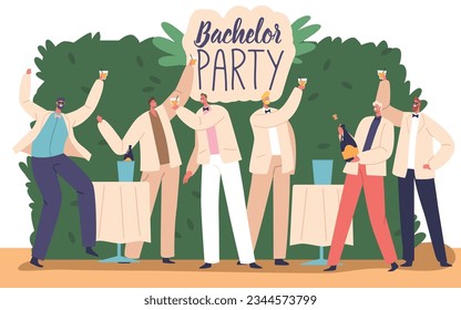 Men Celebrate Bachelor Party To Honor The Groom Before Marriage. Cheerful Male Characters Partying, Drink