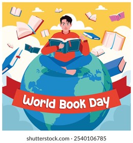 Men celebrate World Book Day by reading books. Globe with the flying book. World Book Day concept. Flat vector illustration.