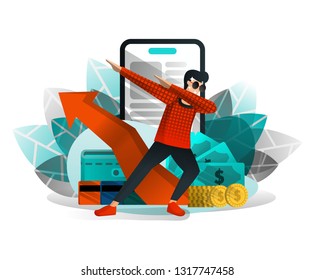 Men Celebrating Increase in Business, Investment and Savings Growth. Use Smartphone Technology for finance. Vector Illustration For Web, Element, SEO Promotion, Marketing, Online. Flat Cartoon Style