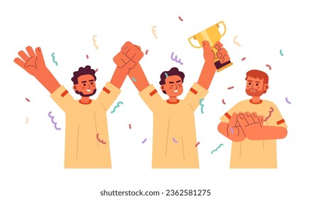 Men celebrating victory flat concept vector spot illustration. Winning. Teammates with cup. Party with confetti 2D cartoon characters on white for web UI design. Isolated editable creative hero image