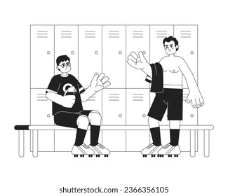 Men in changing room monochrome concept vector spot illustration. Multinational football players 2D flat bw cartoon characters for web UI design. Team Isolated editable hand drawn hero image