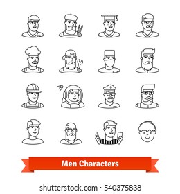 Men character avatars. Thin line art icons set. Different ages and professions male portraits . Linear style symbols isolated on white.