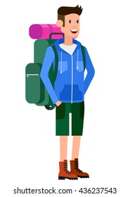  Men character camping tourists. Weekend in the tent. Hiking. Vector flat illustration