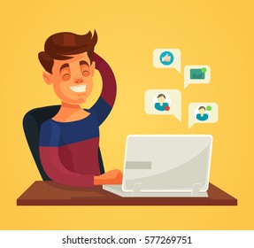 Men character communicate in social networks. Vector flat cartoon illustration