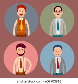 Men character four round colorful icons collection. Vector poster of circles with isolated male people with ties and in shirts portraits in circles with blue, pink, green and grey backgrounds.