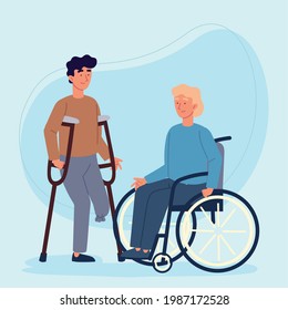 men character handicapped in wheelchair and crutch
