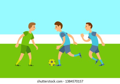 Men character playing football, group of males running with ball on field, people full length view in sportswear, competition or training, match vector