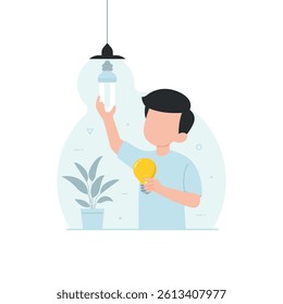 Men character reduce energy consumption with changing save energy lamp