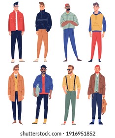 Men characters. Male people elegant street look, trendy fashion clothes, hipster casual outfits, business, sport and free styles. Vector set