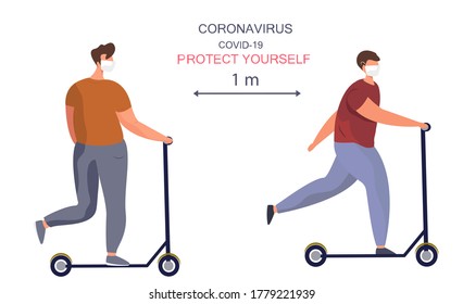 Men Characters in Medical Mask Riding on Electric Scooter during Covid 19 Pandemic. Quarantine Rules for Distancing in Park. Social Distance to Protect Yourself concept. Flat Vector Illustration
