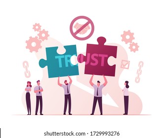 Men Characters Share Puzzle Pieces with Word Trust. Violation of Agreements and Promises, Lose Credibility. Failed to Maintain Professional Reputation Lie and Cheat. Cartoon Vector People Illustration