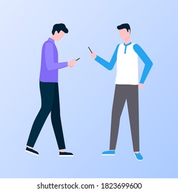 Men characters using phone, male communication with wireless device, people full length view of going with smartphone, tapping message, online vector