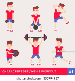 Men characters workout fitness set with six different sport figures. Fully editable vector illustration and icons.