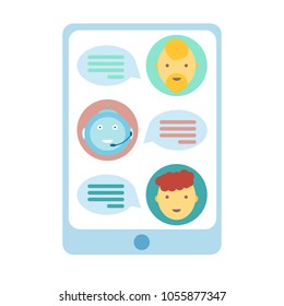 Men chatting with chat bot icon symbol, logo. Smiling robot helper. Modern flat style vector illustration. Isolated on white background. Virtual voice support service. User ask in mobile applicatation