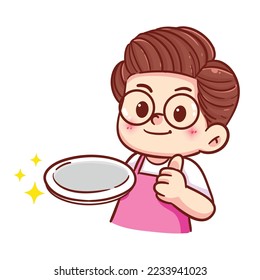 Men chef holding plate cartoon food restaurant logo hand draw vector illustration