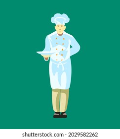 Men chef holding plate with food, restaurant staff, isolated. Vector Illustration on color background. Design element for menu, poster