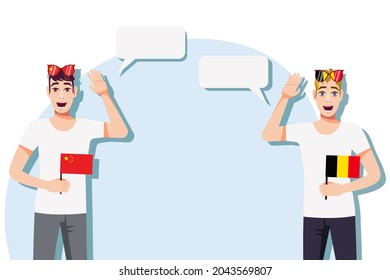Men with Chinese and Belgian flags. The concept of international communication, education, sports, travel, business. Dialogue between China and Belgium. Vector illustration.