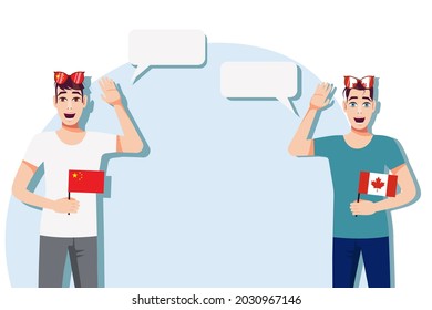 Men with Chinese and Canadian flags. The concept of international communication, education, sports, travel, business. Dialogue between China and Canada. Vector illustration.