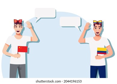 Hombres con banderas chinas y colombianas. Fondo del texto. Comunicación entre hablantes nativos de China y Colombia. Ilustración vectorial.