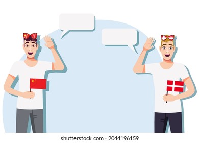 Men with Chinese and Danish flags. The concept of international communication, education, sports, travel, business. Dialogue between China and Denmark. Vector illustration.