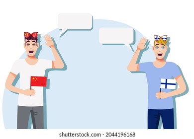 Men with Chinese and Finnish flags. Background for text. Communication between native speakers of China and Finland. Vector illustration.