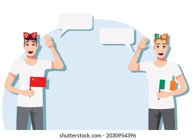 Men with Chinese and Irish flags. Background for the text. Communication between native speakers of the language. Vector illustration.