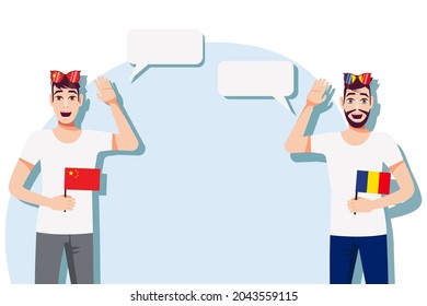 Men with Chinese and Romanian flags. Background for the text. Communication between native speakers of the language. Vector illustration.