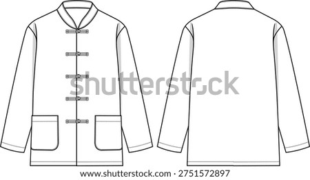 Men Chinese style design long sleeves shirt with traditional Knot Buttons, Loose Fit, Casual And Fashionable, stand collar, patch pockets, front and back sketch, versatile